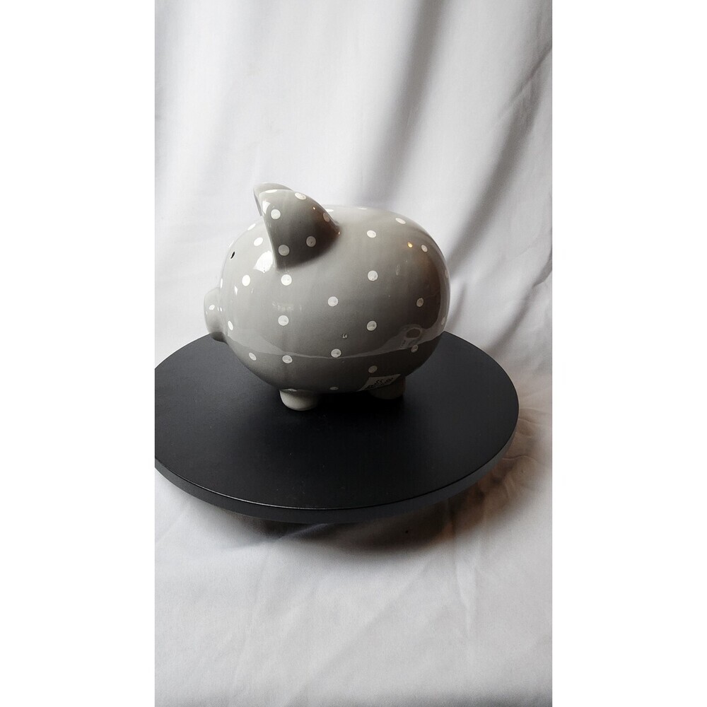 2020 Lila & Jack Brand Ceramic Gray W/white Polka Dot Piggy Bank - 7" Tall, 9" L - Picture 2 of 7